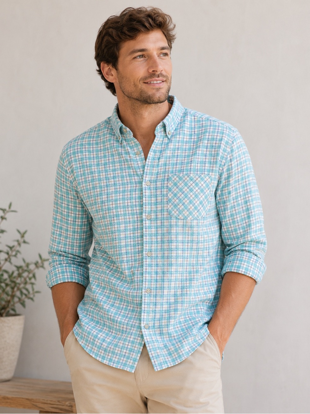 Breakout - Premium Collection - Plaid Button-Down Shirt - Size Large 100% Cotton